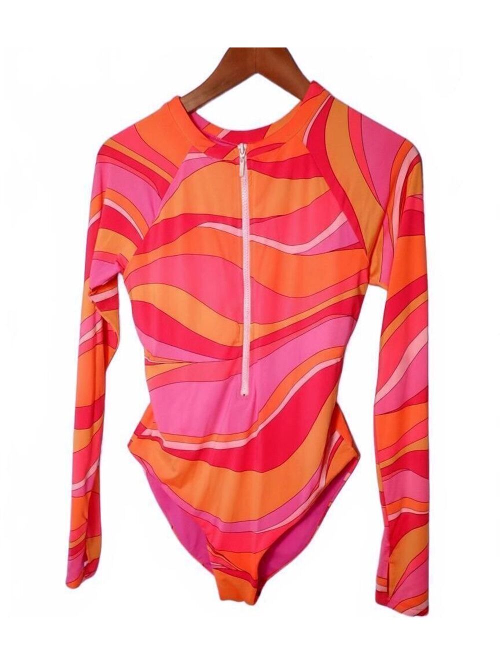 Trina Turk Vivid Vista Paddle Suit Long Sleeve Zip Front Swimsuit Medium